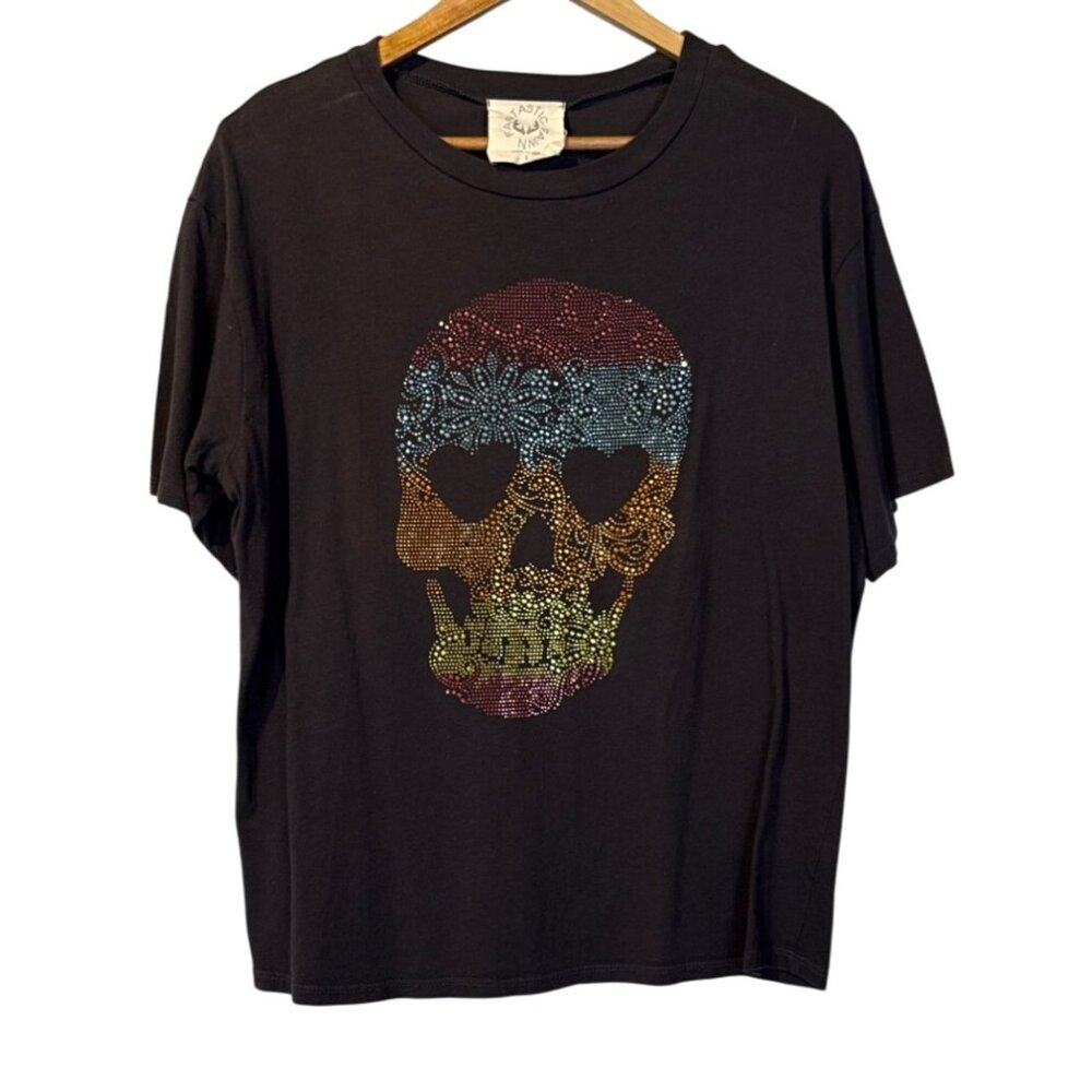 Fantastic Fawn Black Short Sleeve Rhinestone Skull Graphic T-Shirt S Goth Grunge